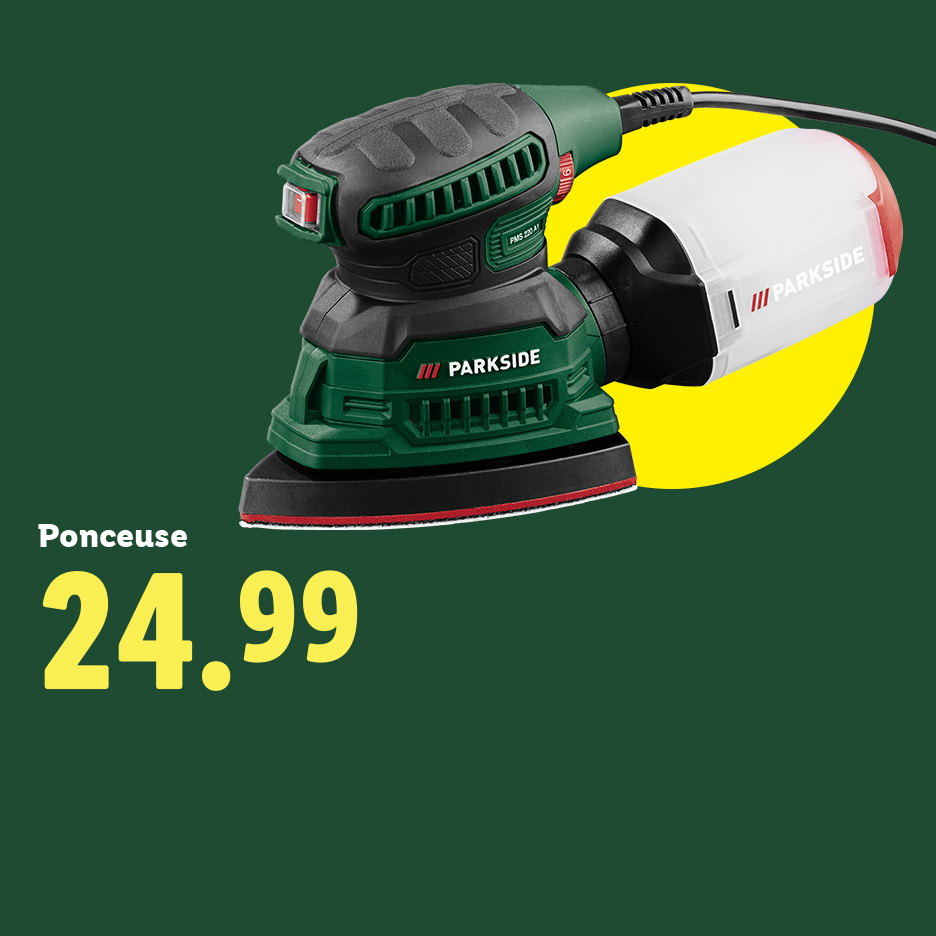 Une ponceuse électrique verte et noire avec un sac à poussière blanc, affichée à 24,99.