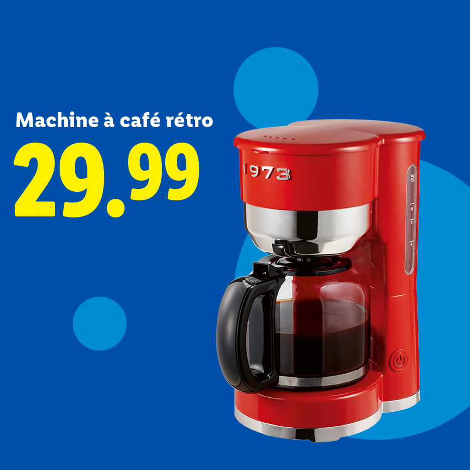 Machine à café rétro rouge avec une carafe de café, affichant un prix de 29,99.