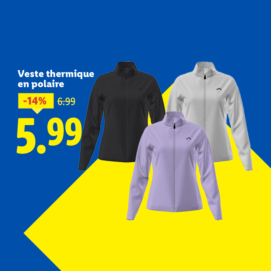 Trois vestes thermiques en polaire (noir, lilas, blanc) sur fond bleu et jaune, avec une réduction de 14%.