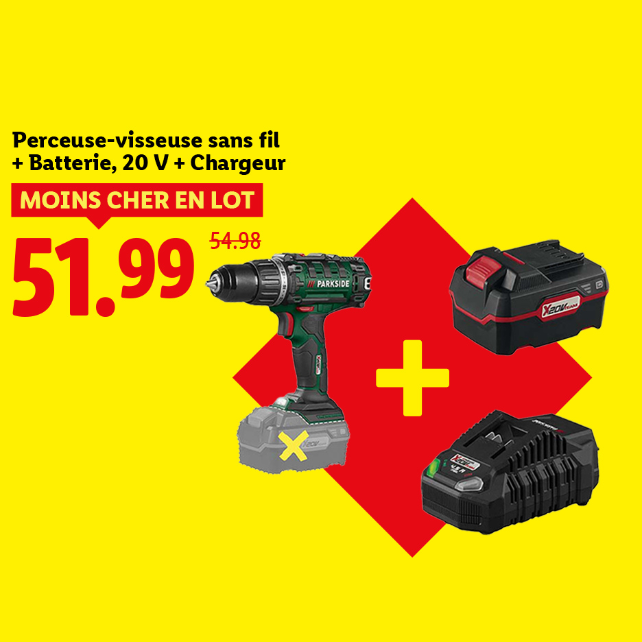 Perceuse-visseuse sans fil avec batterie et chargeur, affichée à 51,99 €.