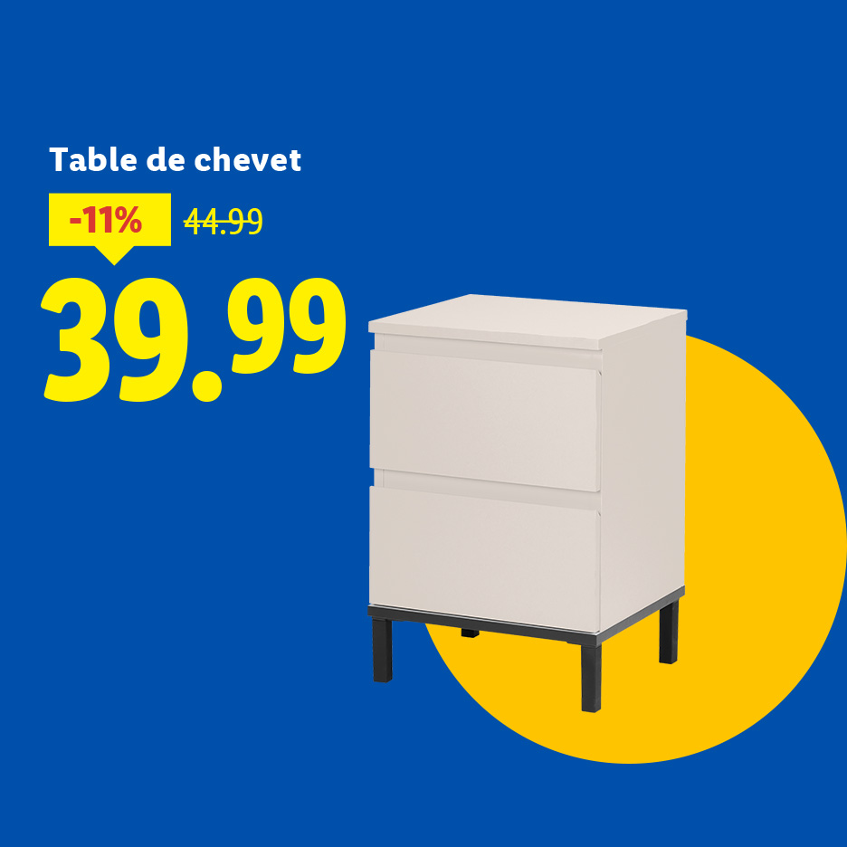 Table de chevet blanche avec deux tiroirs, en promotion à 39,99 €.
