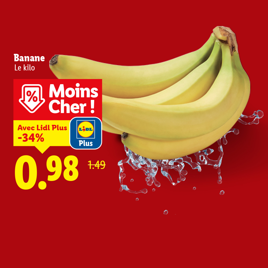 Publicité pour des bananes à 0,98 € le kilo chez Lidl, avec une réduction de 34%.