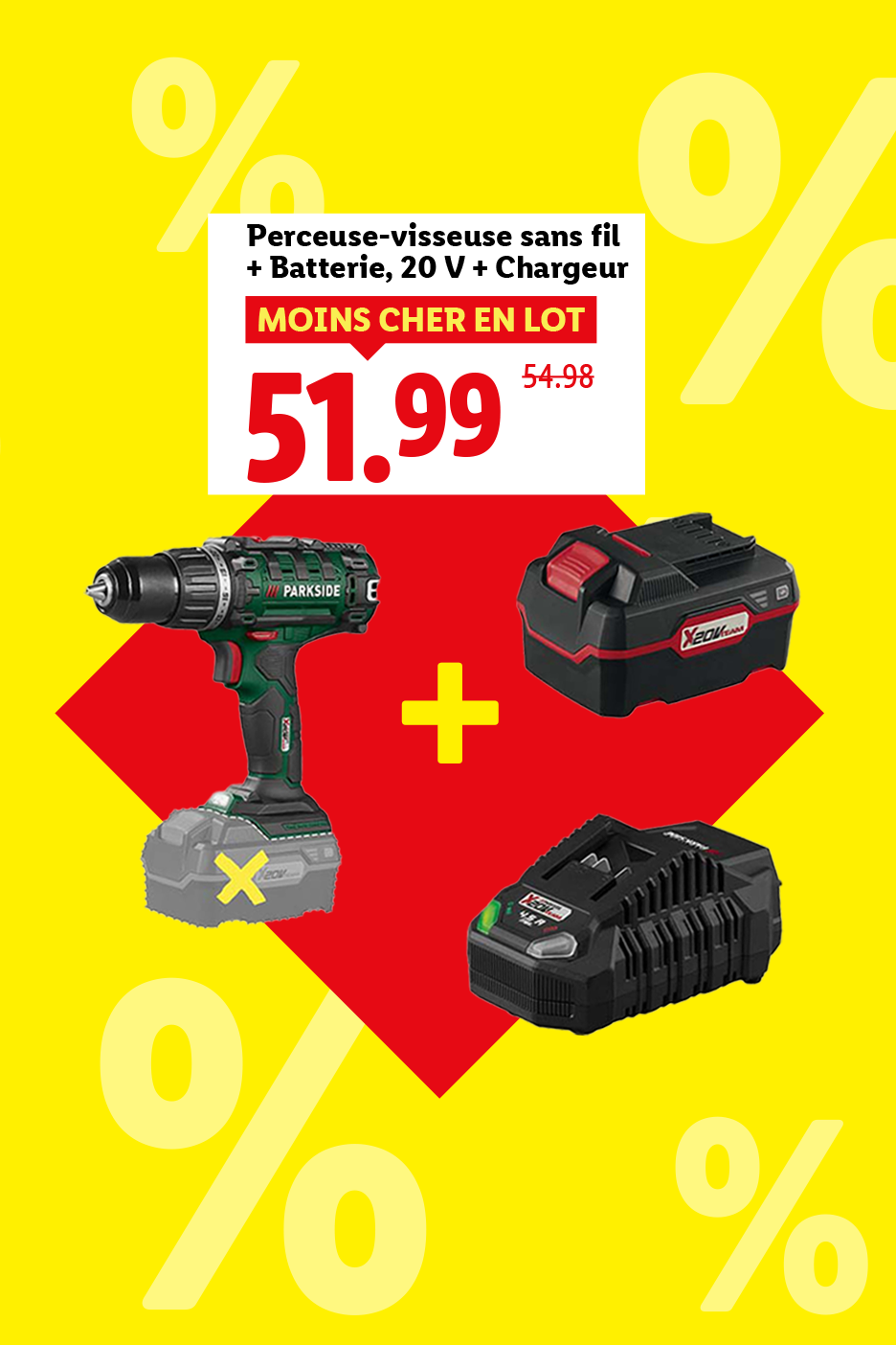 Perceuse-visseuse sans fil avec batterie et chargeur, affichée à 51,99 €.