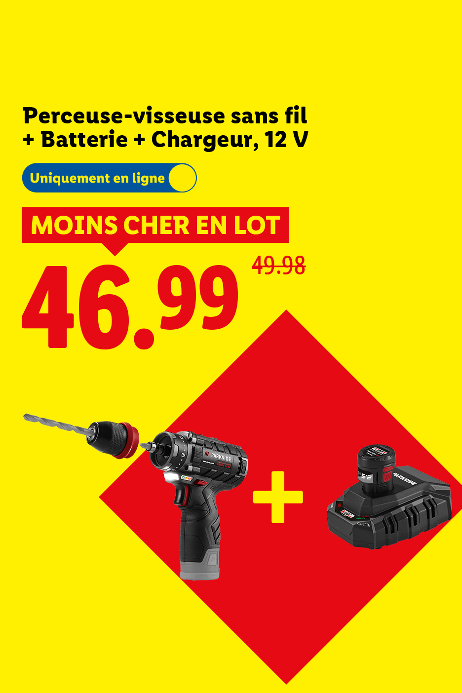 Perceuse-visseuse sans fil Parkside 12V avec batterie et chargeur, prix promotionnel.