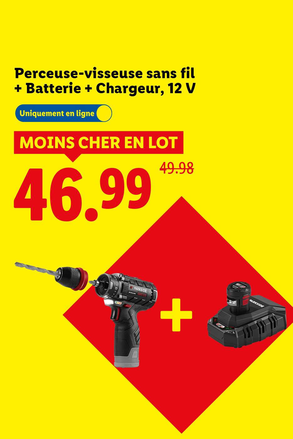 Perceuse-visseuse sans fil Parkside avec batterie et chargeur, 12V, en promotion à 46.99€.