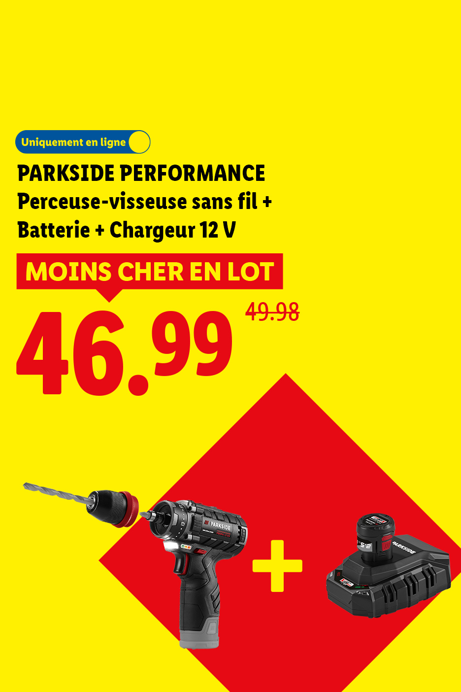 Perceuse-visseuse sans fil, batterie et chargeur 12V en lot, prix réduit à 46,99.