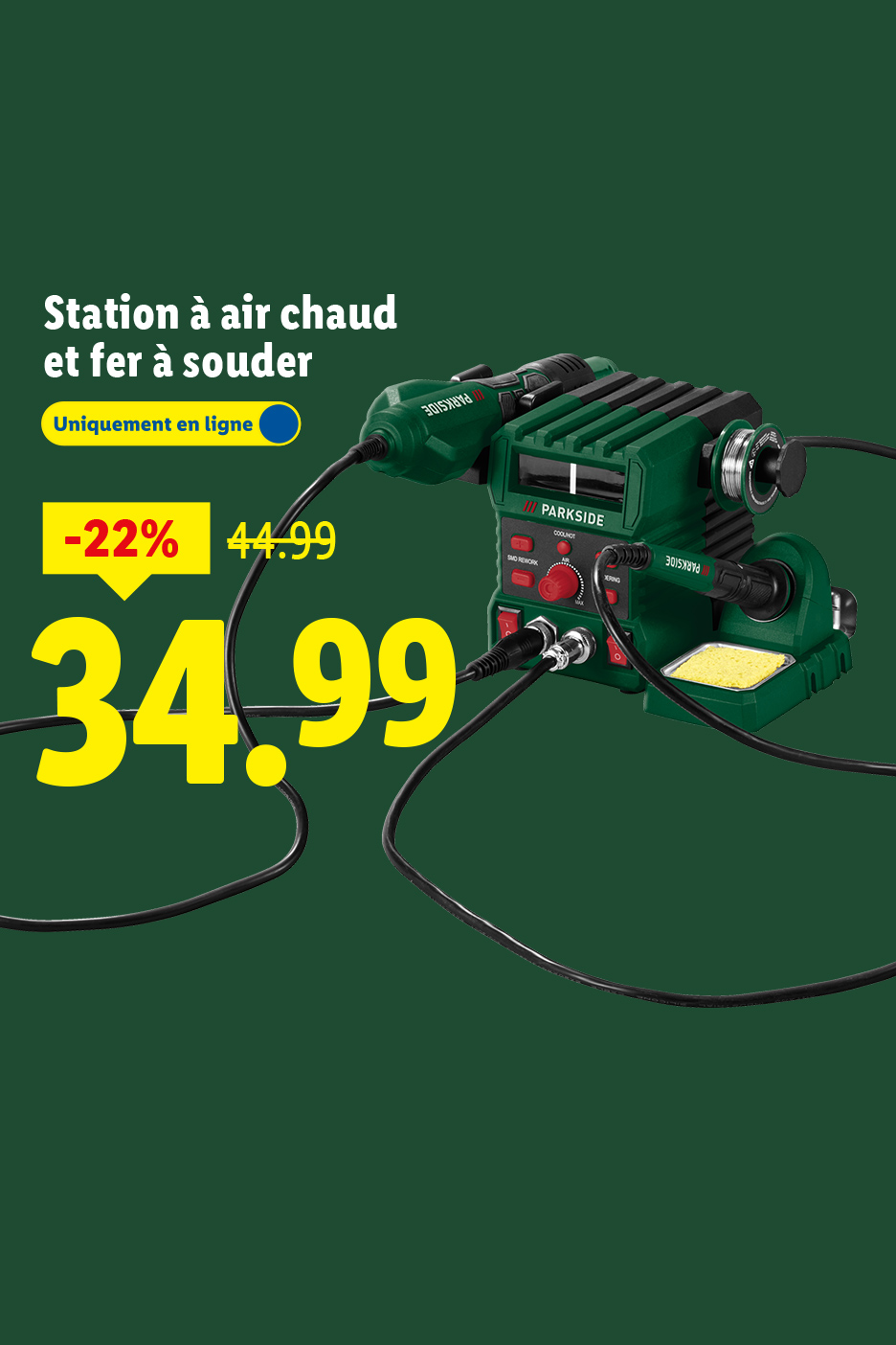 Station à air chaud et fer à souder Parkside, en promotion à 34,99 €.