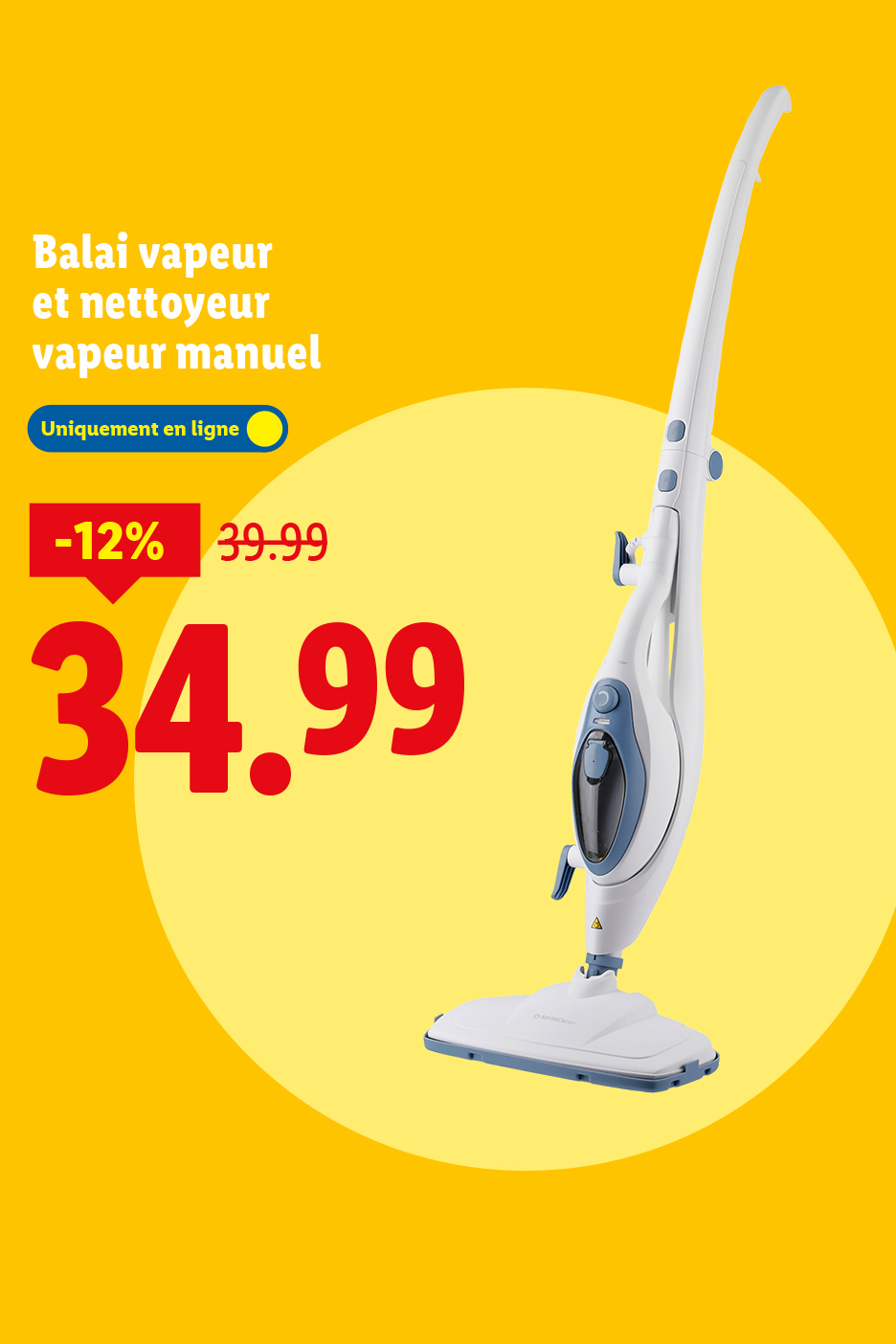 Balai vapeur et nettoyeur vapeur manuel, 12% de réduction, prix final 34.99€.