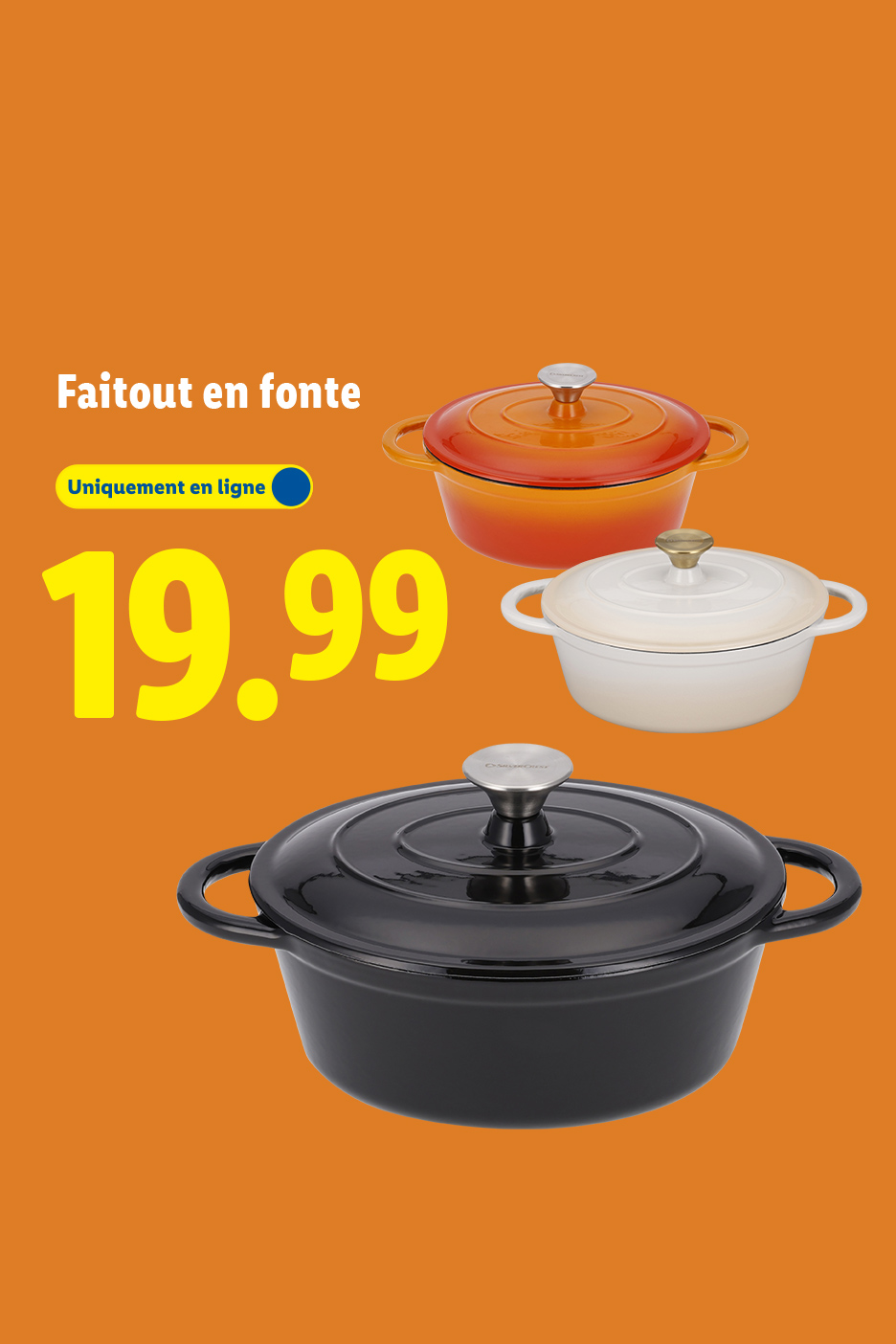 Faitouts en fonte de différentes couleurs, disponibles en ligne pour 19,99 €.