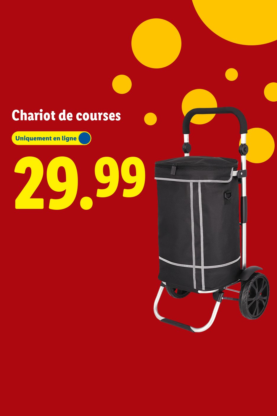 Chariot de courses noir avec des roues, affiché sur fond rouge avec des cercles jaunes.