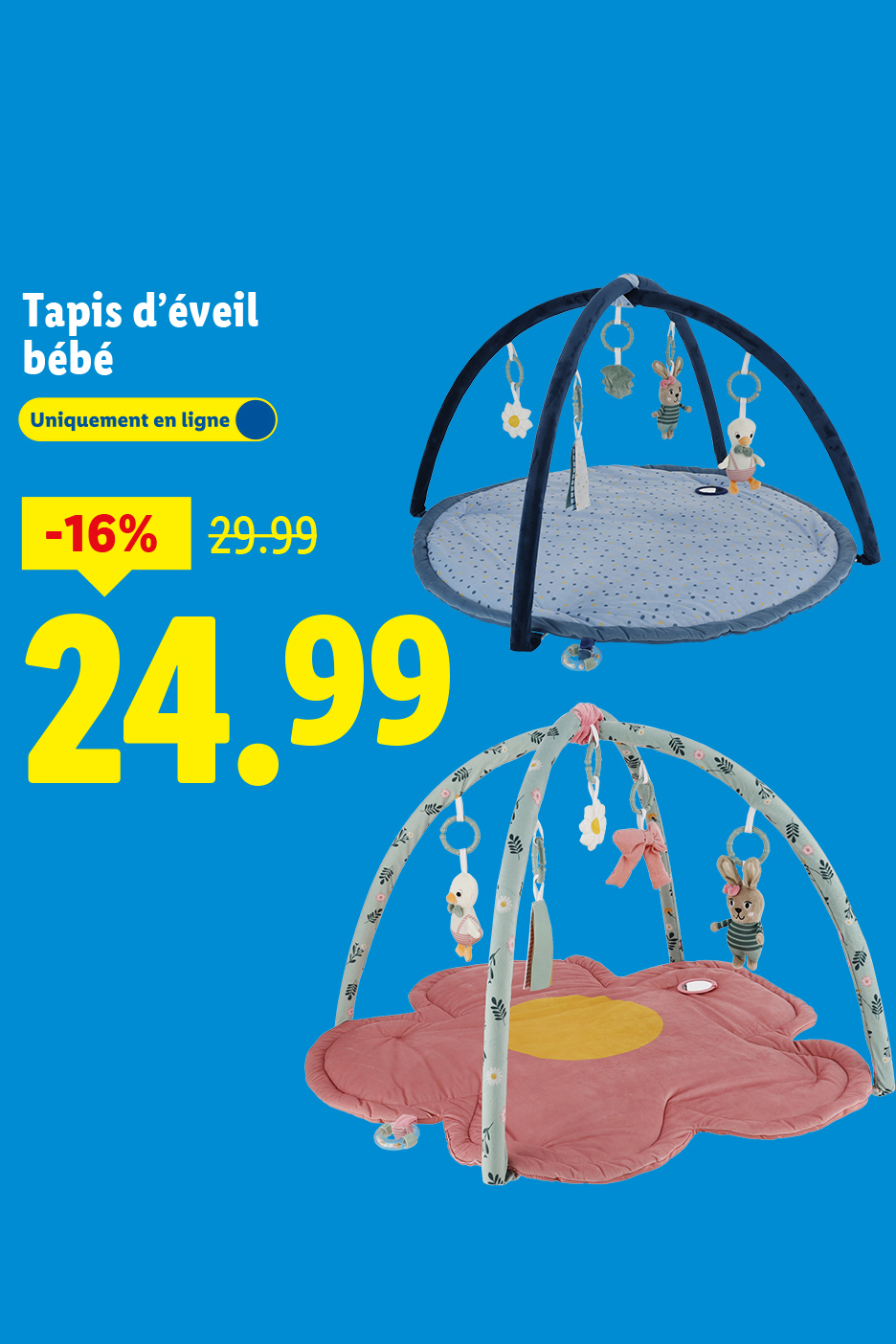 Deux tapis d'éveil bébé avec arche de jeux, l'un bleu et l'autre rose, en promotion.
