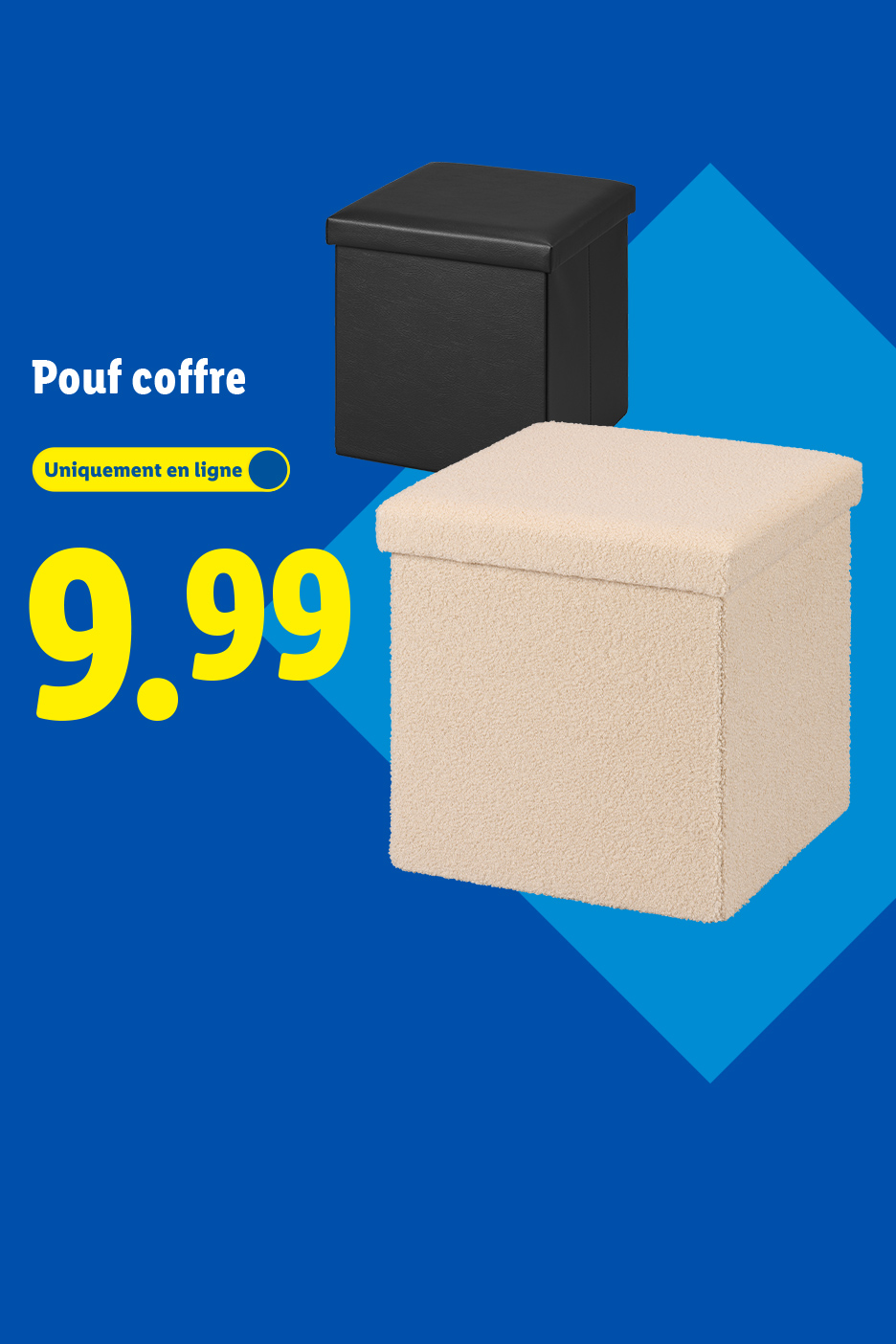 Pouf coffre noir et beige, disponible uniquement en ligne pour 9,99.