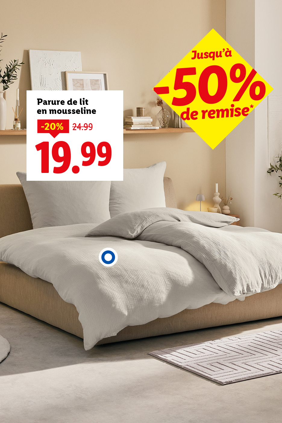 Parure de lit en mousseline beige avec une réduction de 20% à 19,99 €.