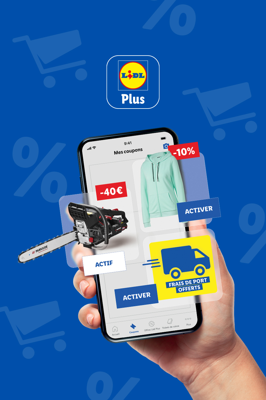 Application Lidl Plus affichant des coupons pour une tronçonneuse, un sweat à capuche et la livraison gratuite.