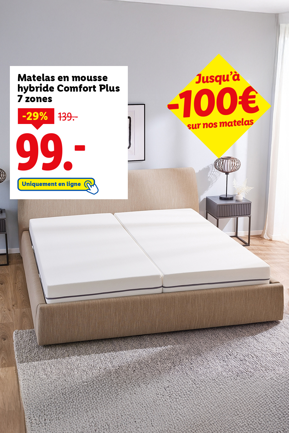 Publicité pour un matelas hybride en mousse 7 zones, avec une réduction de 29% et jusqu'à 100€ de remise sur les matelas.