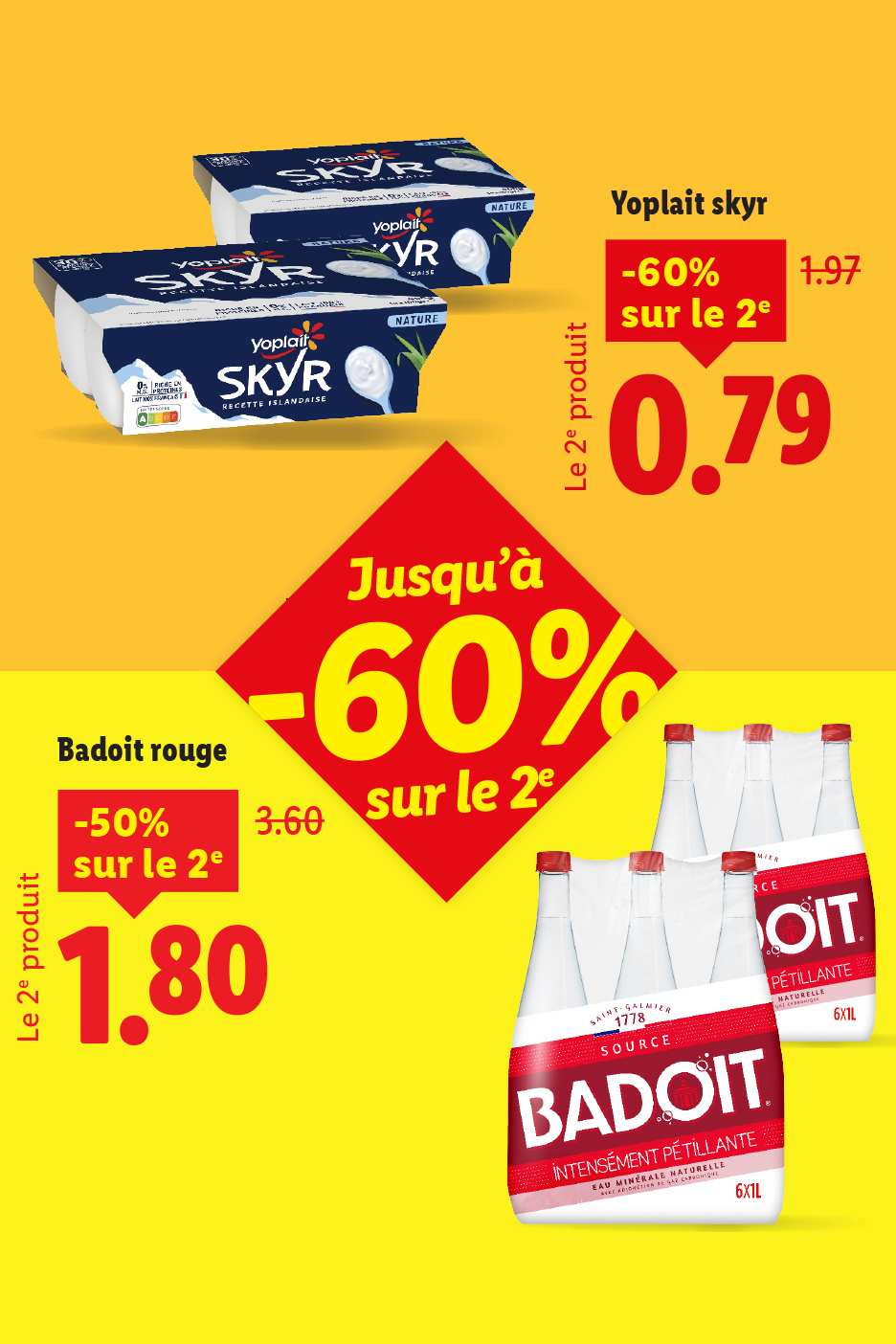 Publicité pour le Skyr Yoplait et l'eau pétillante Badoit avec des réductions sur le deuxième produit.