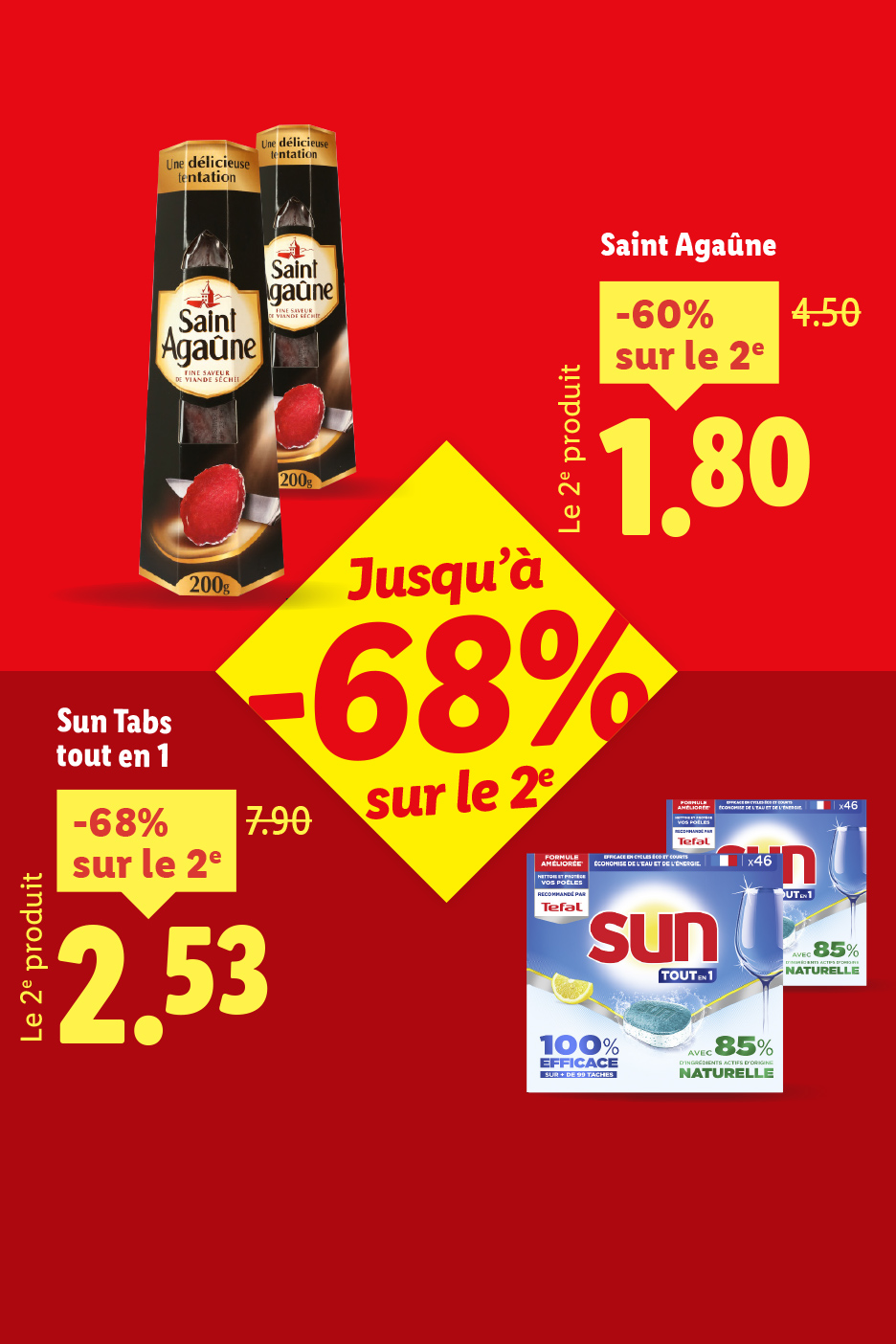Publicité pour Saint Agaûne et les tablettes de lave-vaisselle Sun Tabs.