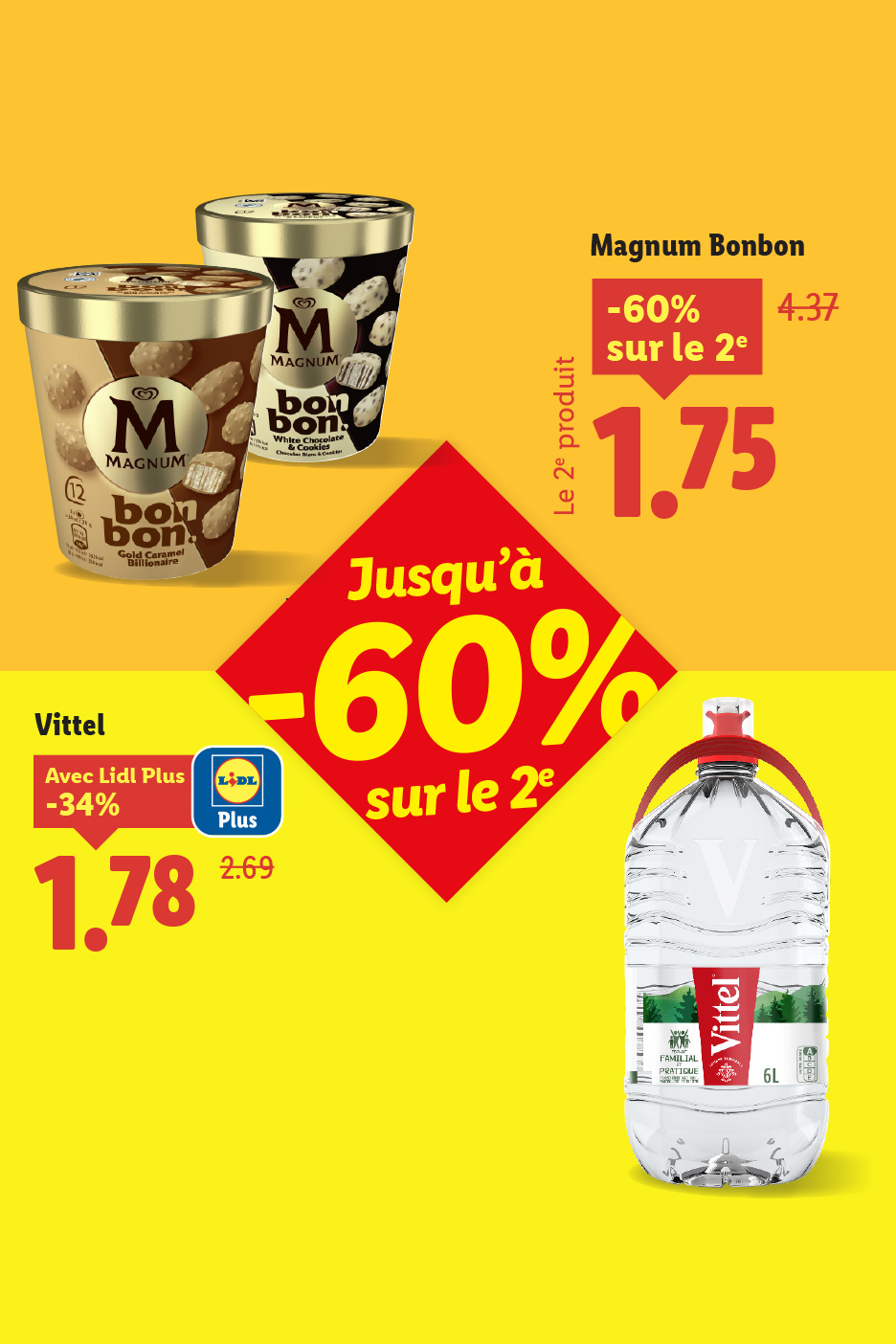Publicité pour les glaces Magnum Bonbon et l'eau Vittel avec des réductions.