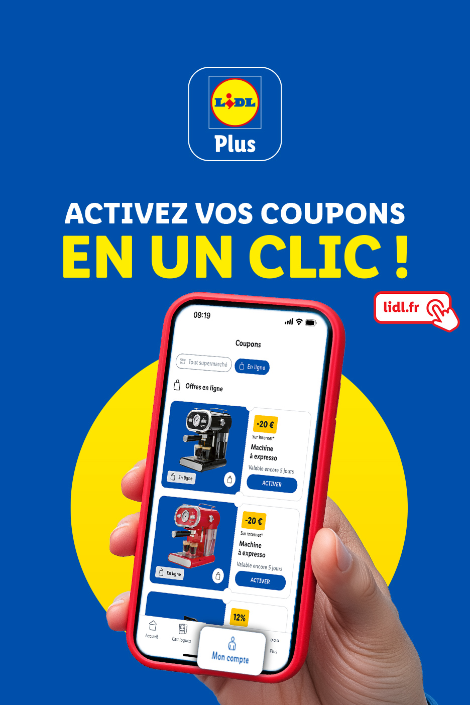 Application Lidl Plus affichant des coupons pour des machines à expresso.