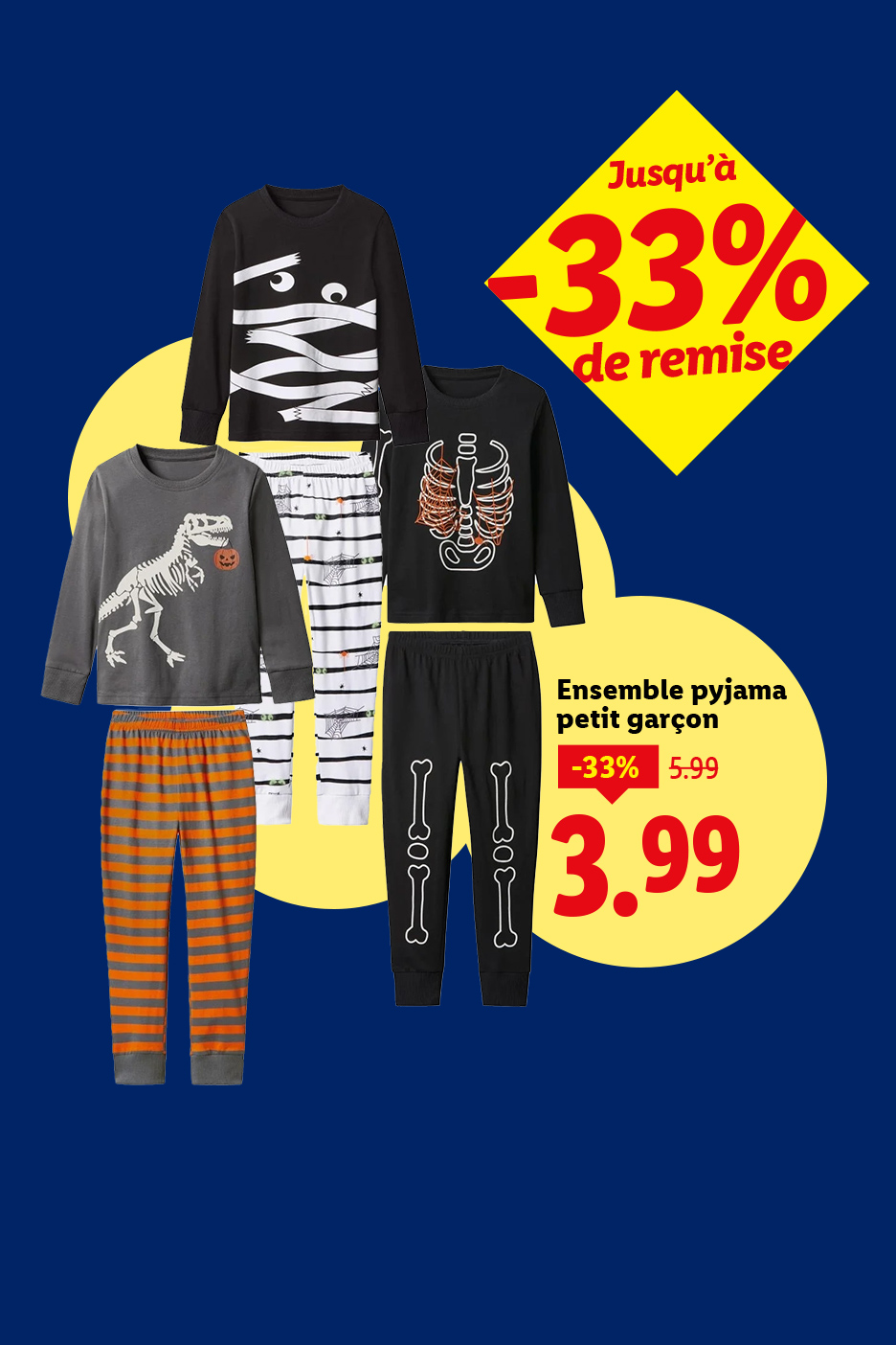 Pyjamas pour garçons sur le thème d'Halloween, avec des motifs de momie, de squelette et de dinosaure.