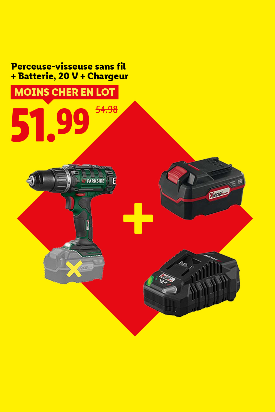 Perceuse-visseuse sans fil avec batterie et chargeur, affichée à 51,99 €.
