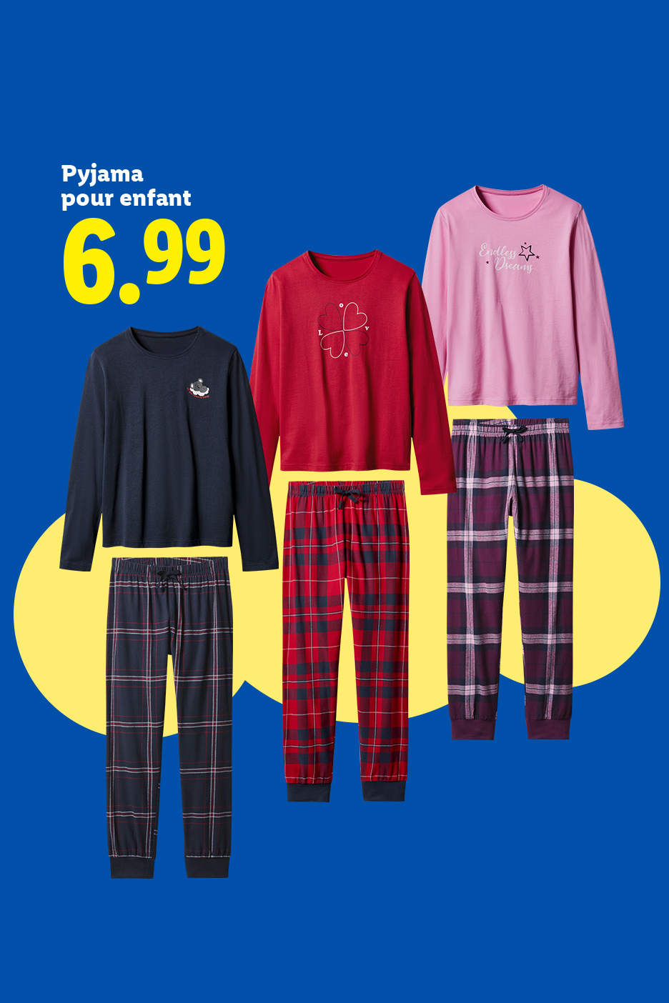 Trois pyjamas pour enfants de différentes couleurs et motifs, affichés à 6,99.