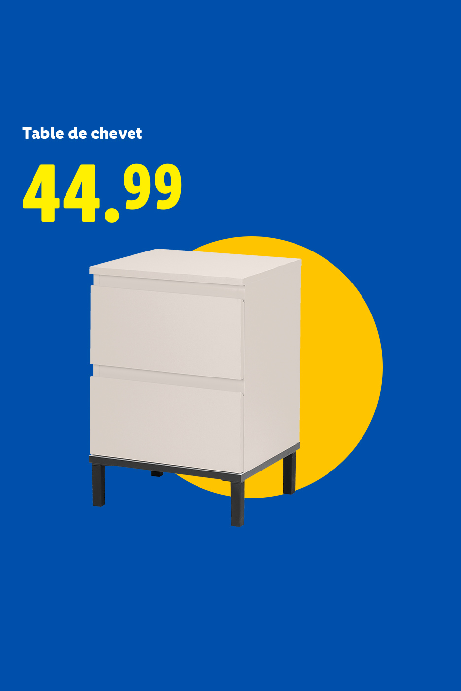 Table de chevet blanche avec deux tiroirs et un prix de 44,99.