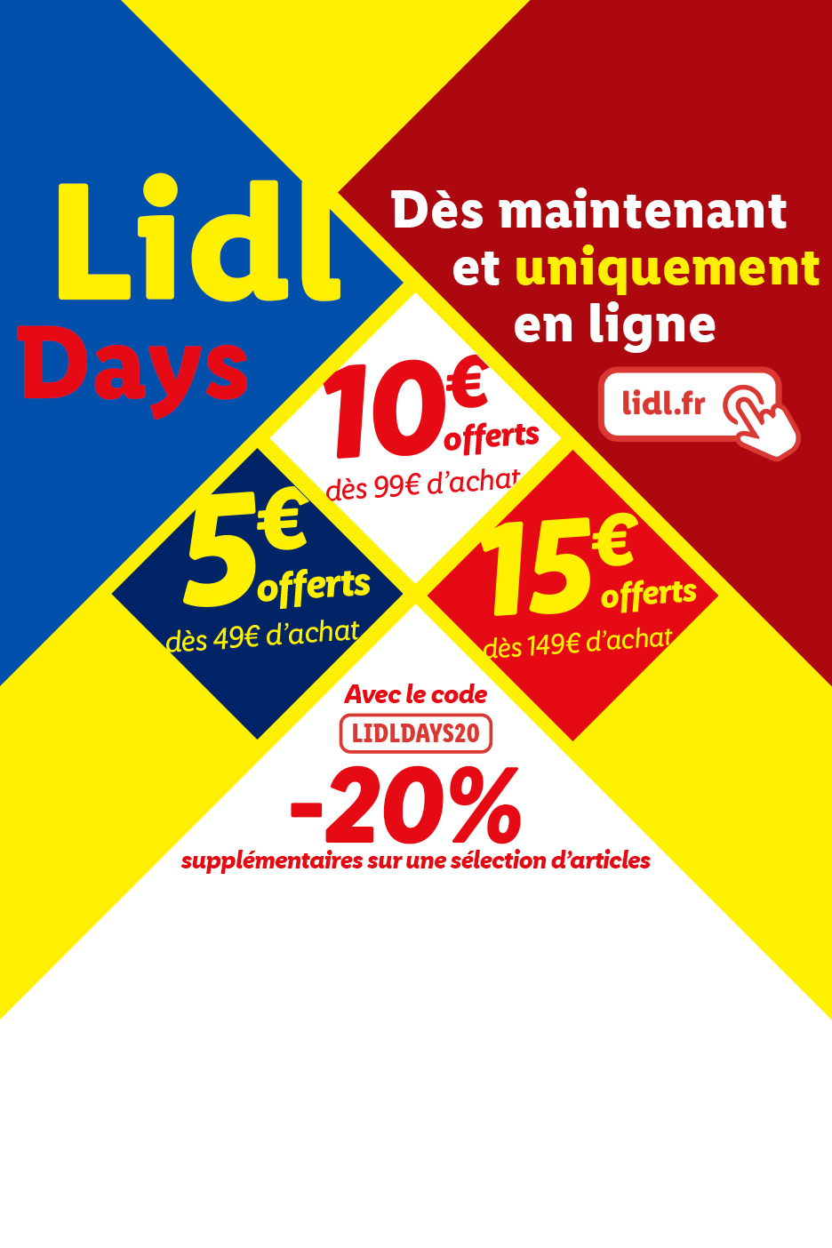 Publicité Lidl Days avec des offres de réduction et des codes promotionnels pour les achats en ligne.