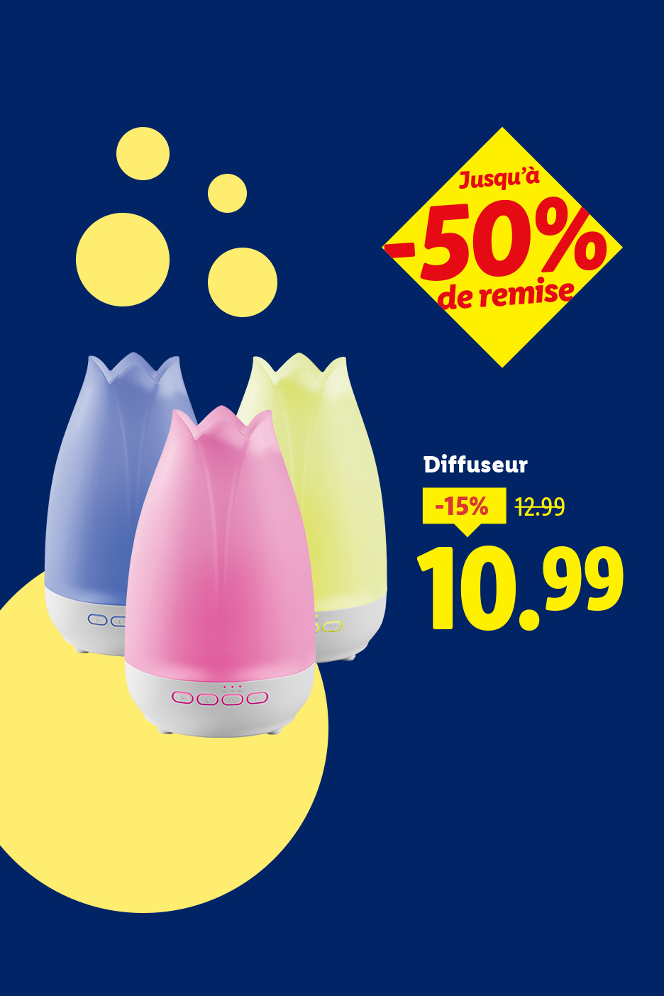 Trois diffuseurs d'arômes colorés en forme de tulipe avec une offre de réduction de 15%.
