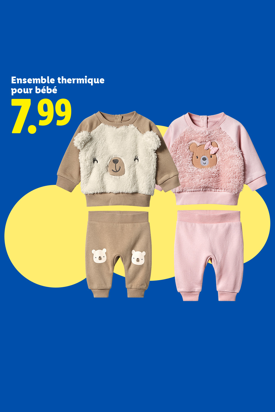 Ensembles thermiques pour bébé, un beige avec un ours blanc et un rose avec un ours rose, à 7,99.