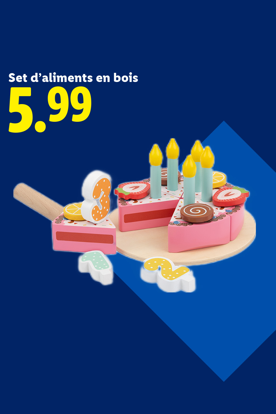 Set d'aliments en bois : gâteau d'anniversaire avec bougies et chiffres, prix 5.99.