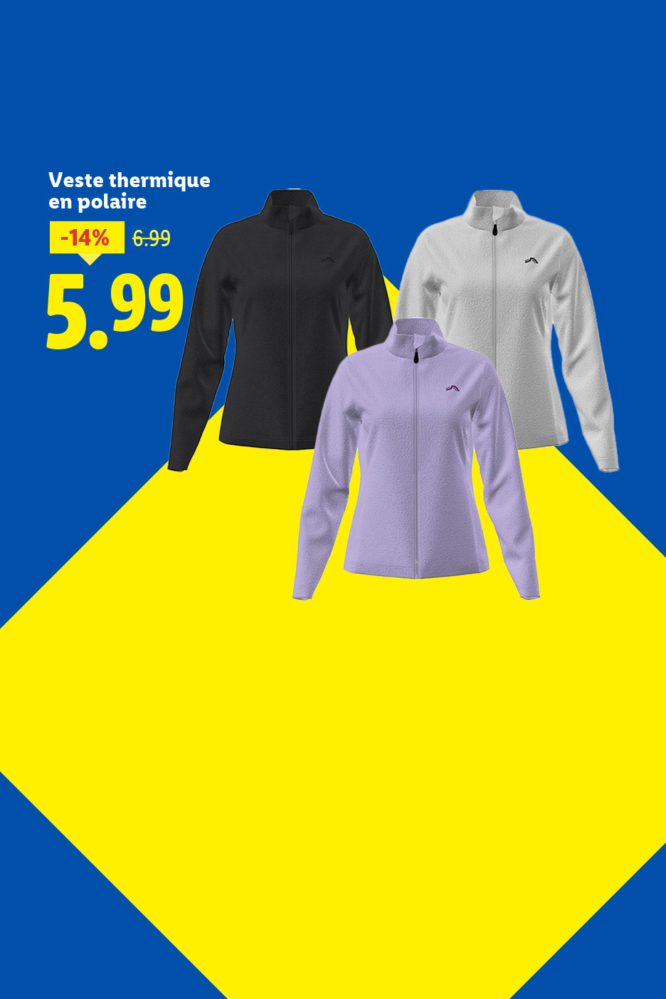 Vestes thermiques en polaire de différentes couleurs, en promotion à 5,99.