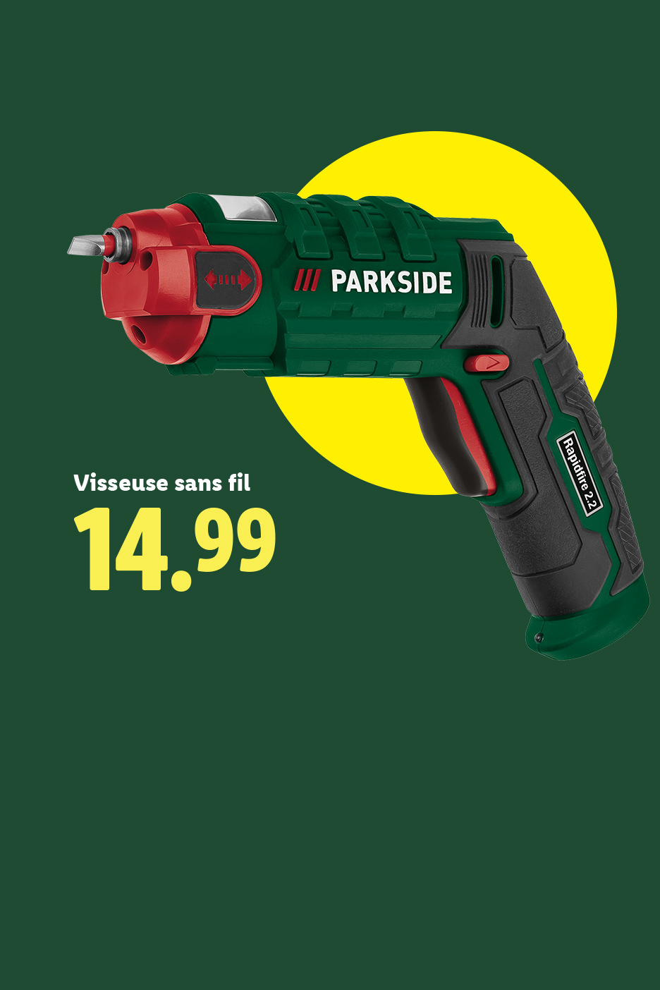 Visseuse sans fil Parkside à 14,99 € sur fond vert et cercle jaune.