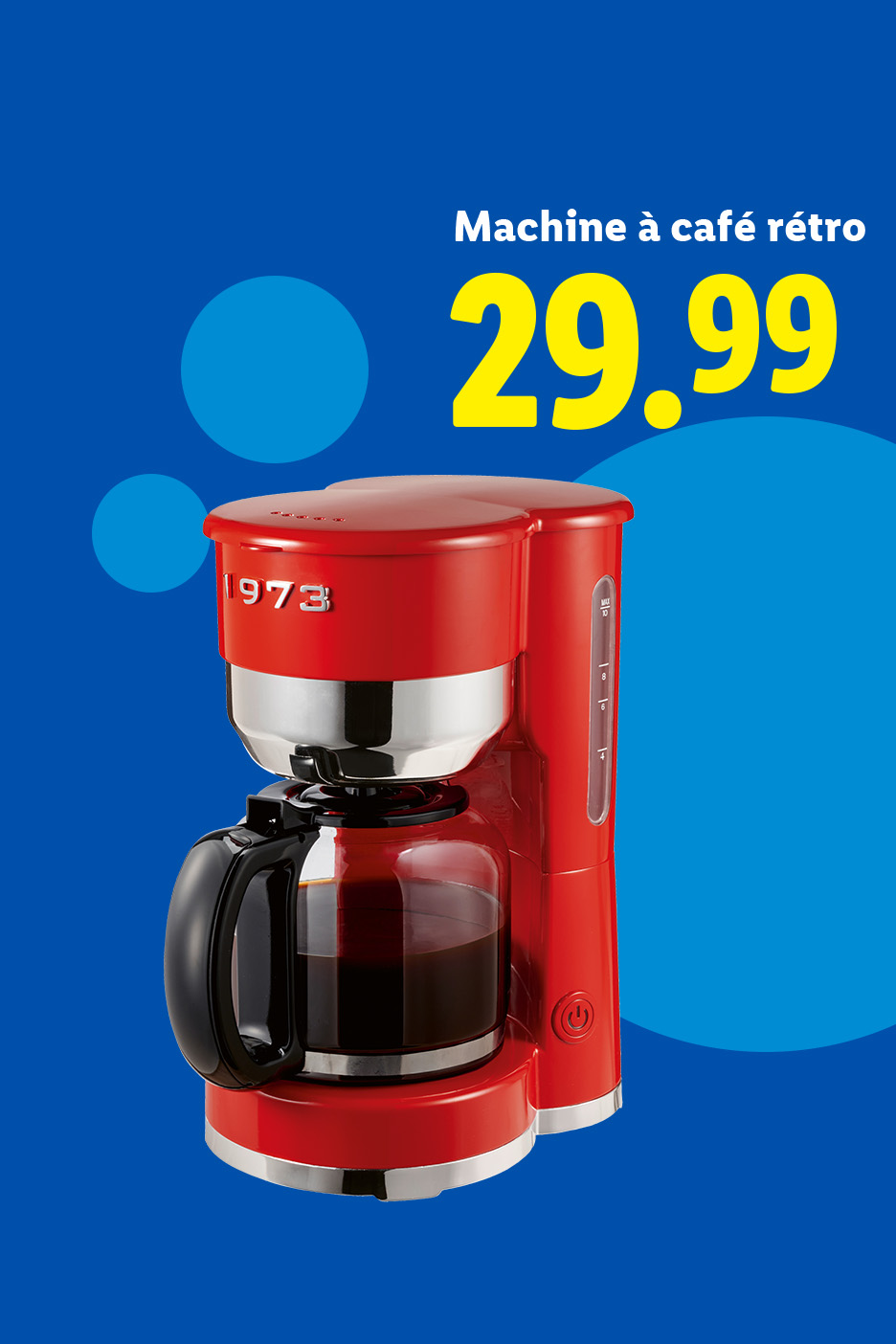 Machine à café rétro rouge avec cafetière en verre, affichant 29.99 €