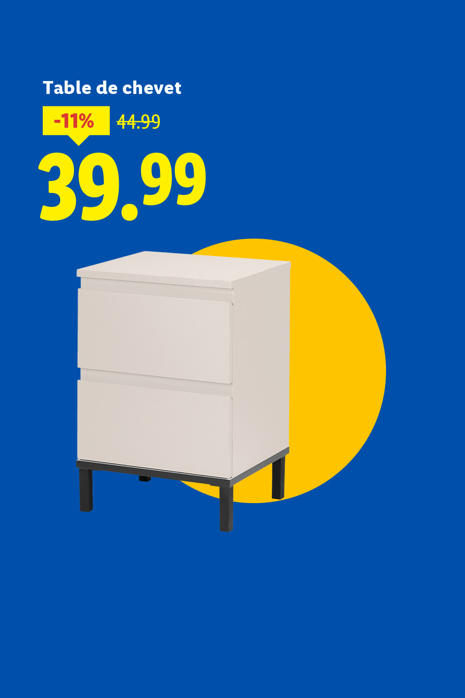 Table de chevet blanche avec deux tiroirs, en promotion à 39.99€.