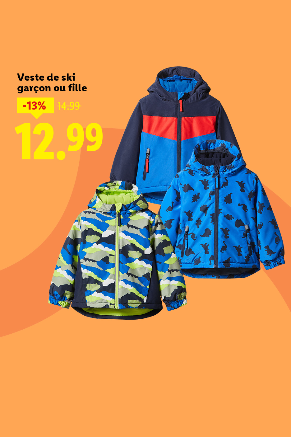 Vestes de ski pour garçon ou fille à 12,99€, avec des motifs camouflage, dinosaures et color block.