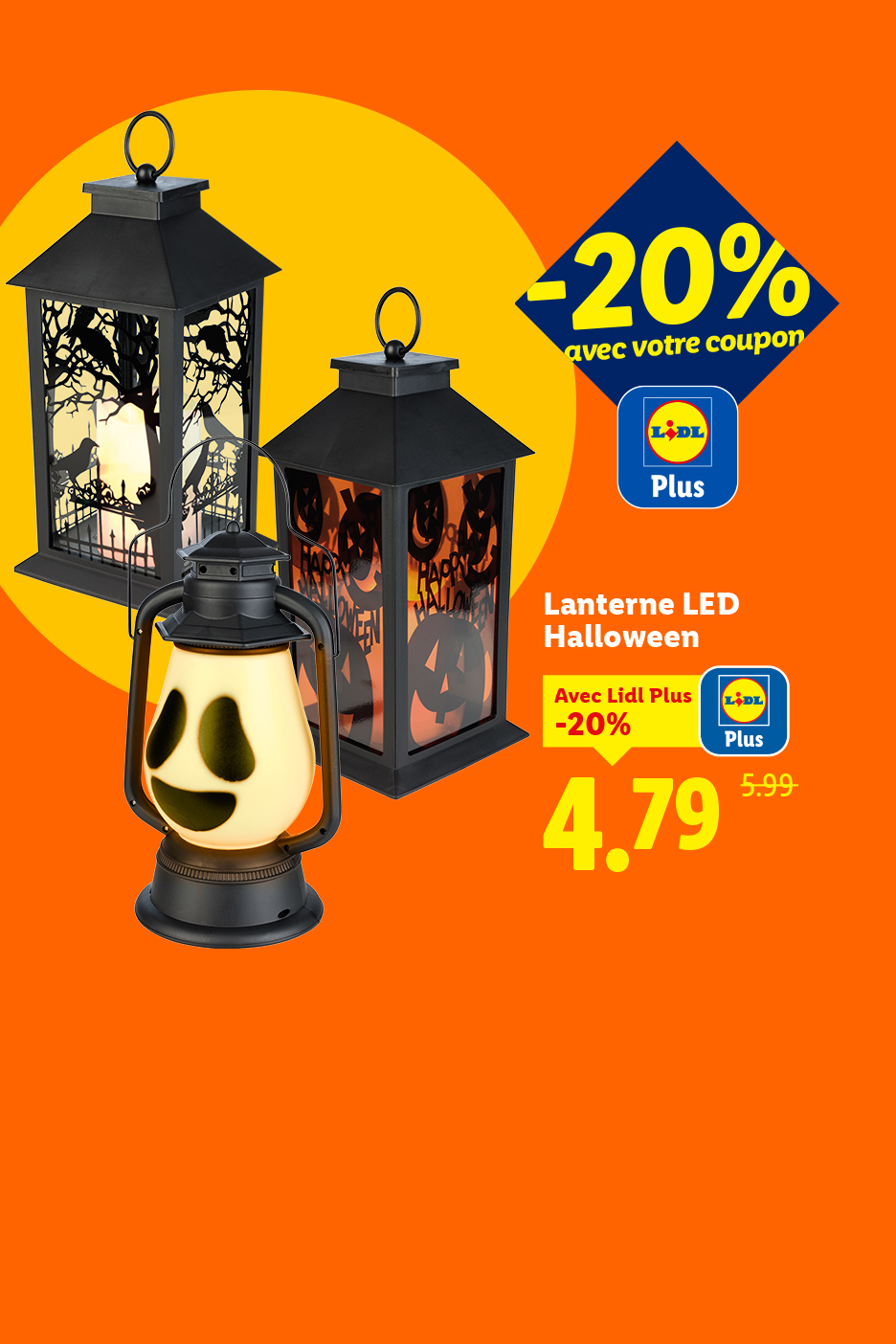 Lanternes LED d'Halloween avec des motifs effrayants, prix réduit avec la carte Lidl Plus.