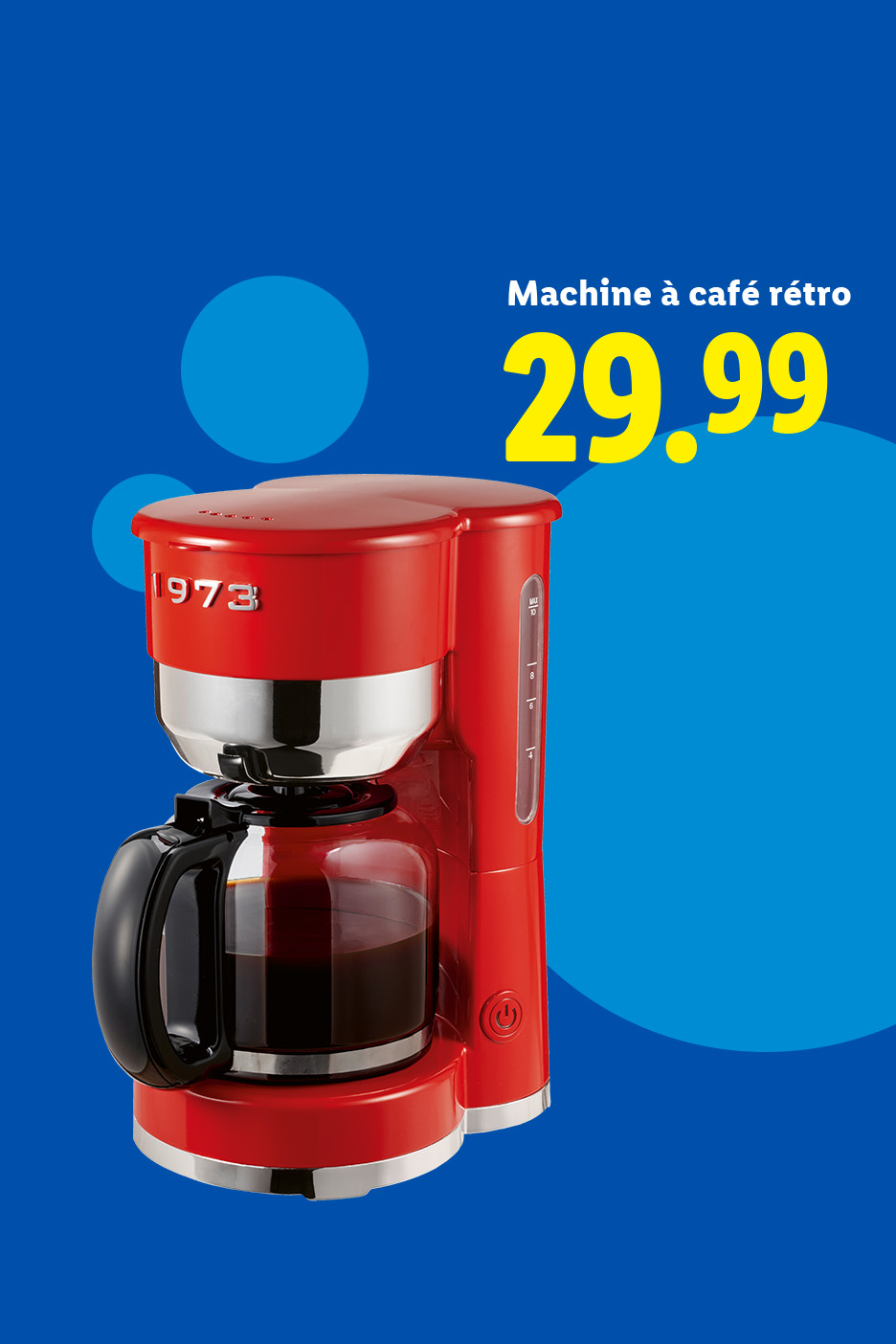 Machine à café rétro rouge avec cafetière en verre, affichant le prix de 29,99 €.