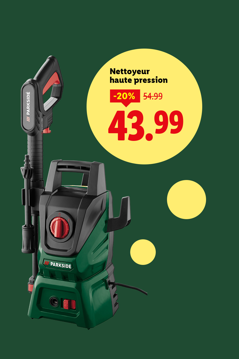 Nettoyeur haute pression Parkside en promotion à 43.99€, réduit de 20%.
