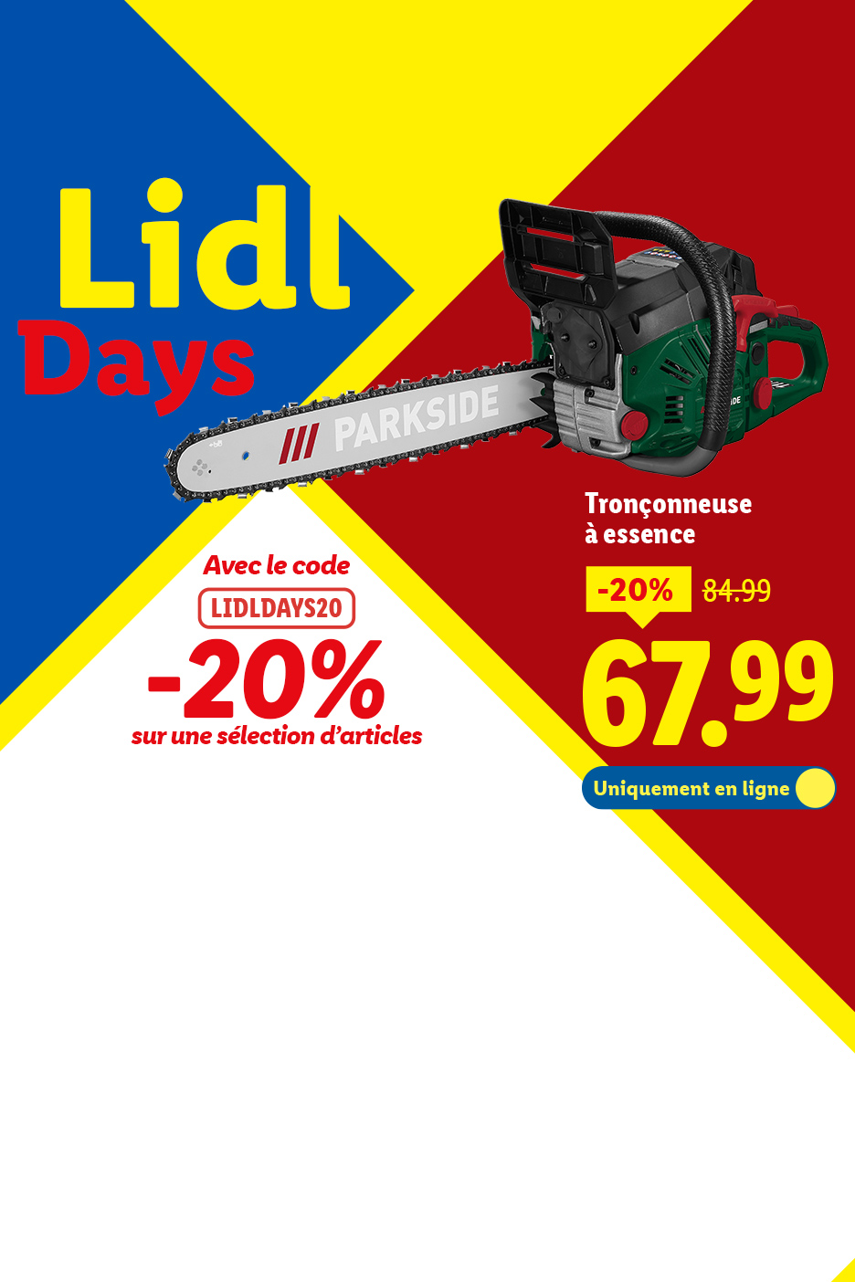 Tronçonneuse à essence Parkside en promotion pour les Lidl Days, avec un code de réduction de 20%.