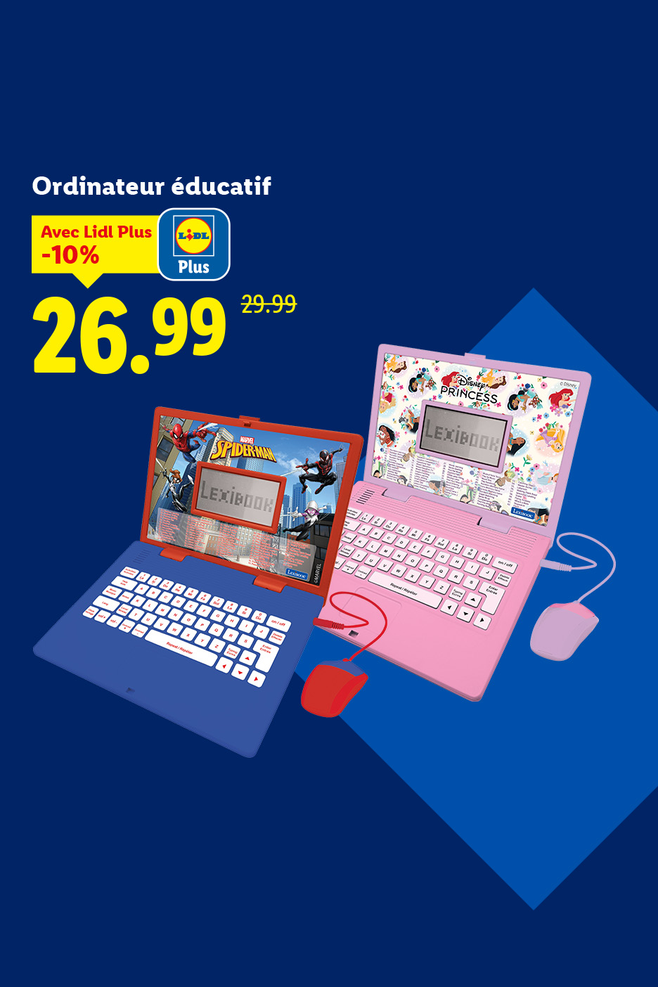 Ordinateurs éducatifs Lexibook Spider-Man et Disney Princess en promotion chez Lidl.