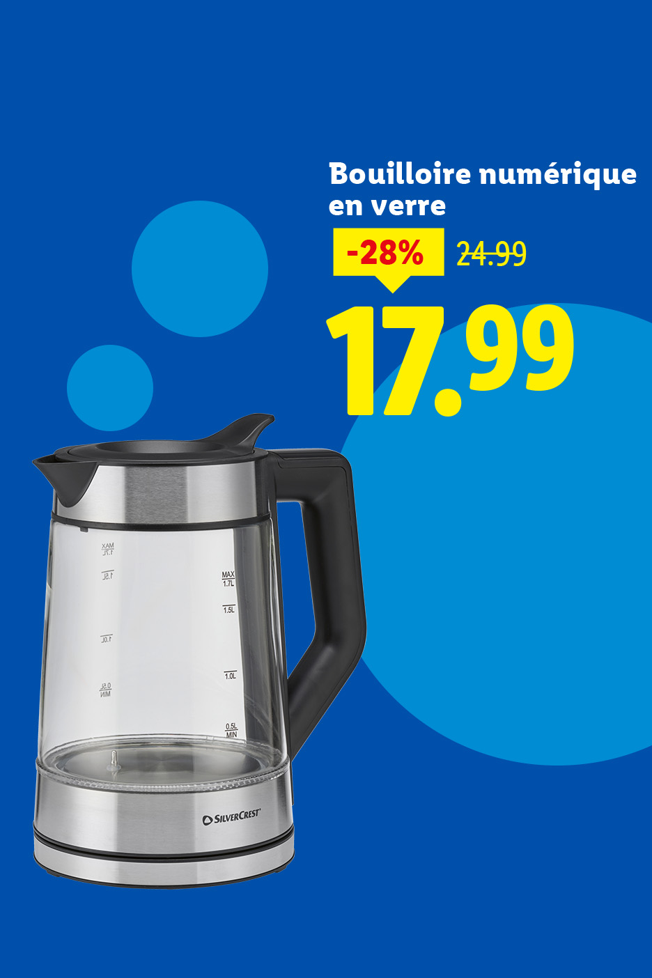 Bouilloire numérique en verre Silvercrest en promotion à 17,99€.