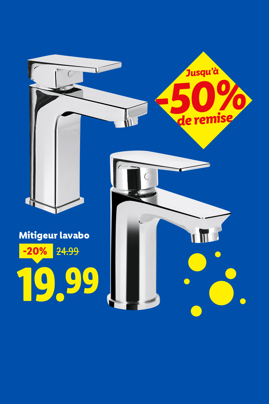 Mitigeur lavabo chromé en promotion à 19,99€, avec jusqu'à -50% de remise.