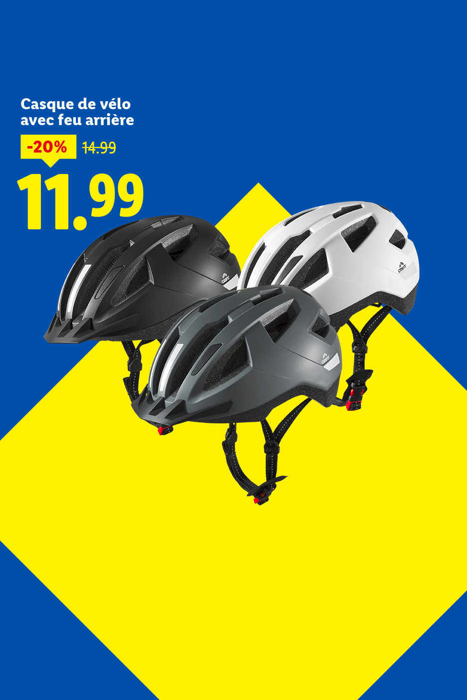 Casques de vélo noirs, gris et blancs avec feu arrière, en promotion à 11,99€.
