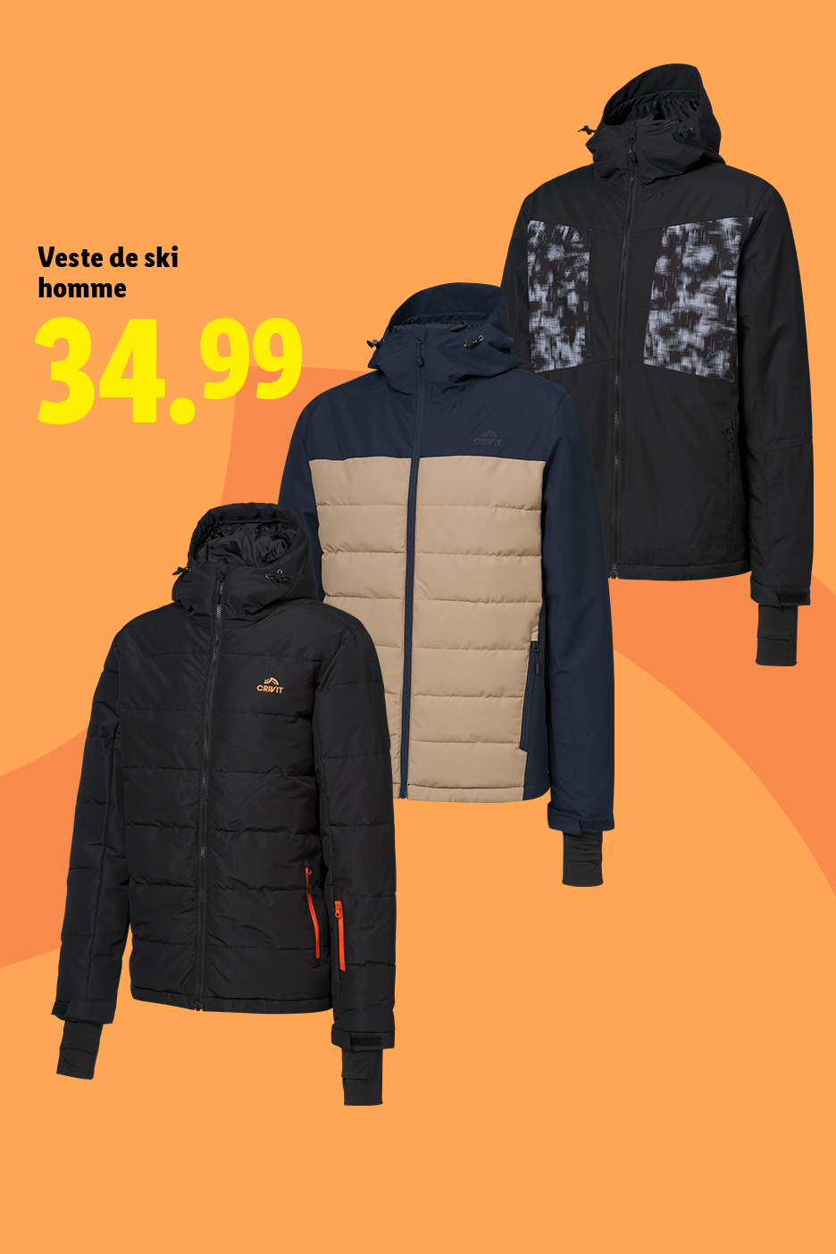 Vestes de ski homme Crivit en noir, bleu marine et beige, affichées à 34.99.