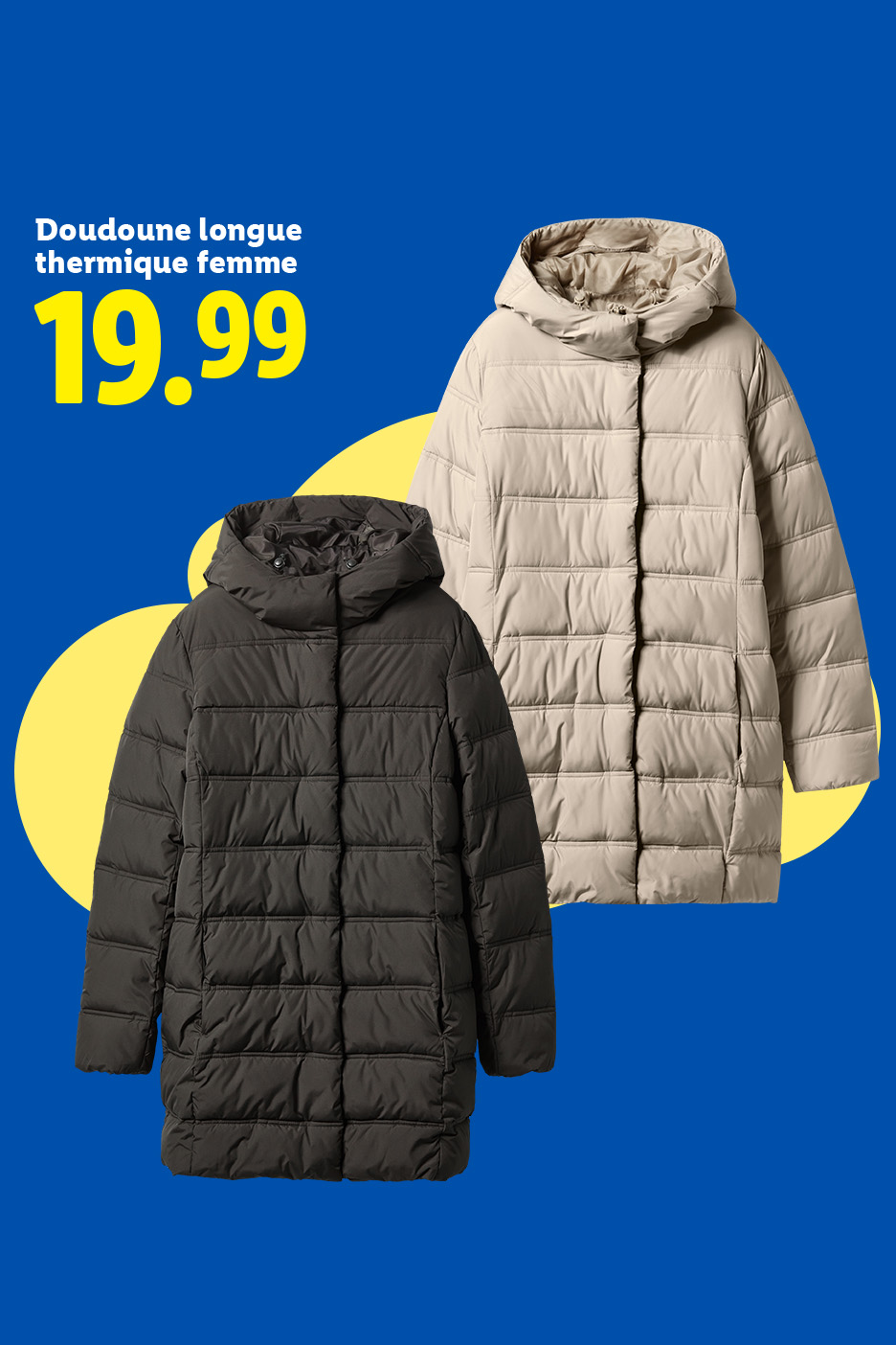 Doudoune longue thermique femme en noir et beige à 19,99€.