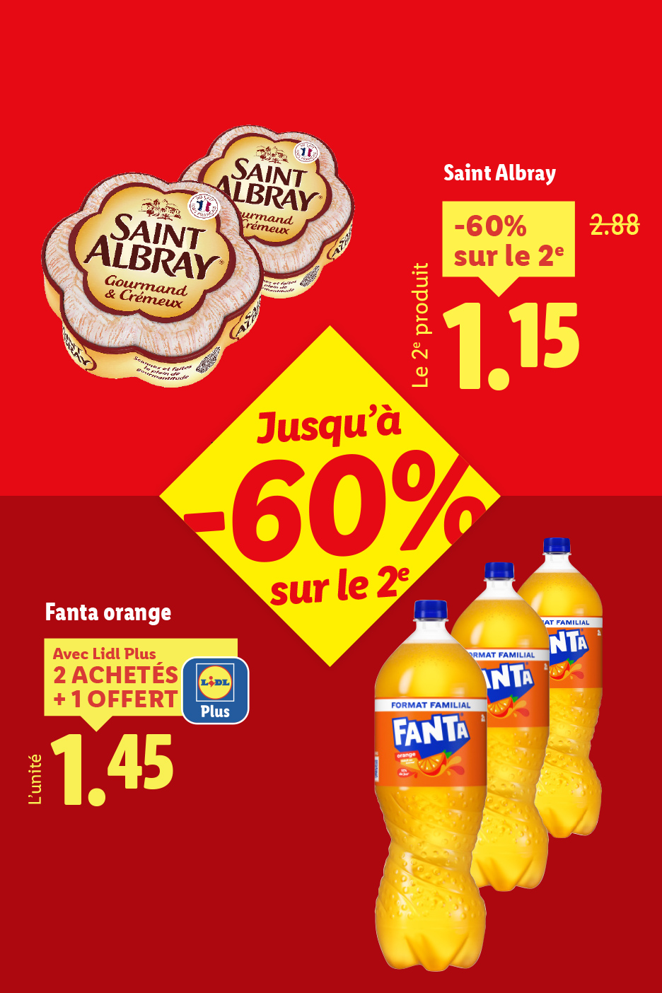 Publicité Lidl avec du fromage Saint Albray et des bouteilles de Fanta orange en promotion.