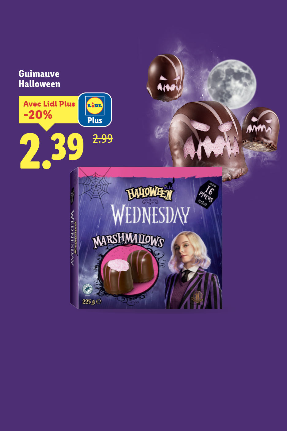 Guimauves Halloween Wednesday, 16 pièces, 225g, en promotion Lidl Plus à 2,39€.