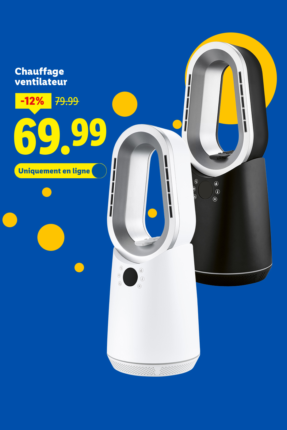 Chauffage ventilateur blanc et noir, 69.99€, disponible en ligne.