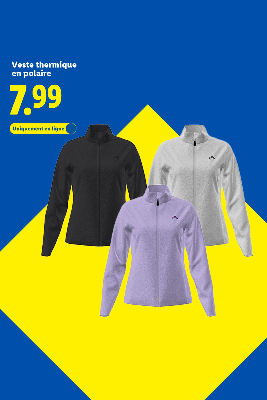 Veste thermique en polaire à 7,99 €, disponible en noir, blanc et violet, uniquement en ligne.